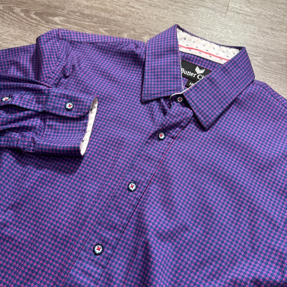 Butter Cloth Shirt Mens M Purple Geometric Cotton Business Casual Dapper